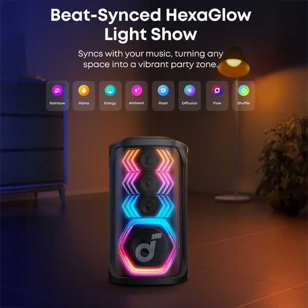 תאורת לד דינמית Anker Soundcore Rave 3S תאורת לד דינמית ברמקול Anker Soundcore Rave 3S להתאמה לאווירת המסיבה