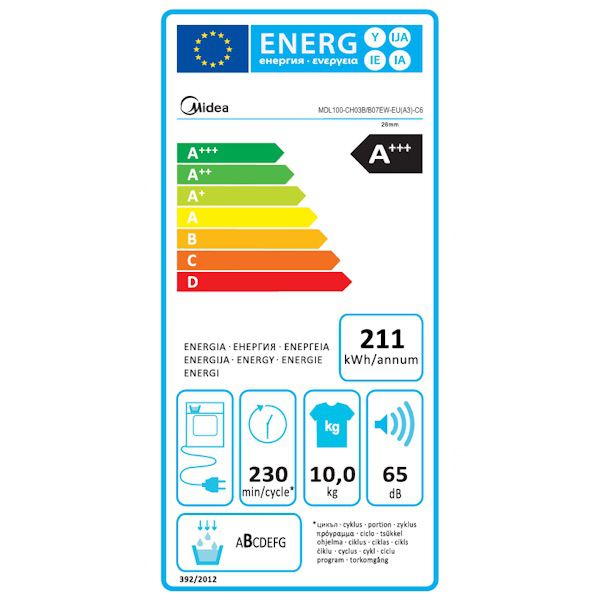 תווית אנרגיה Midea MDL100-CH03B/B07EW A+++ תווית אנרגיה של מייבש כביסה Midea MDL100-CH03B/B07EW דירוג A פלוס פלוס פלוס