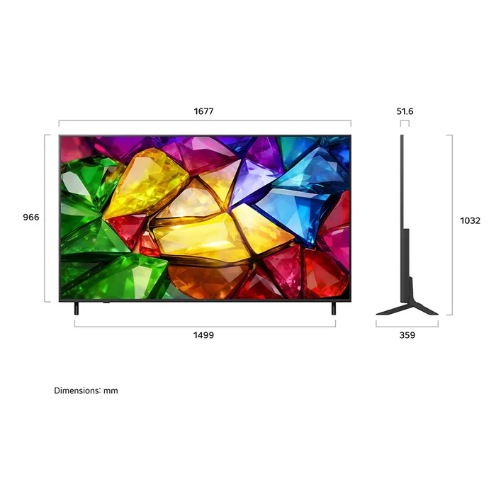 תרשים מידות LG 75MRGB85B6C טלוויזיה 75 אינץ׳ כולל מעמד וללא מעמד