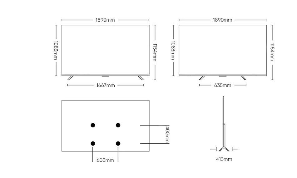 תרשים מידות רשמי Xiaomi TV S Mini LED L85MC-SME 2026 כולל בסיס ותקן VESA