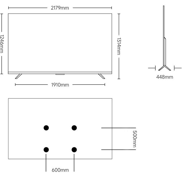 מידות Xiaomi TV S Mini LED L98MC-SME 2026 טלוויזיה 98 אינץ תרשים מידות טלוויזיה 98 אינץ Xiaomi TV S Mini LED L98MC-SME 2026 כולל בסיס ותקן VESA