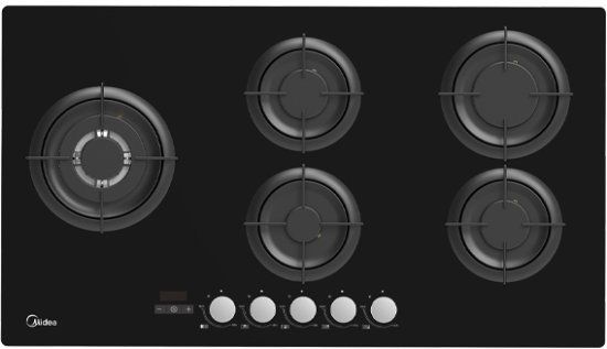Midea 90GP503-B כיריים גז 90 ס״מ 5 להבות SABAF זכוכית שחורה כיריים גז 5 להבות 90 ס״מ Midea 90GP503-B זכוכית שחורה עם מבערי SABAF