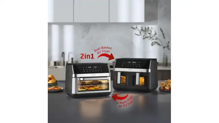 AirFry DuoChef - מעבר בין שני תאים לתנור גדול המחשת CASO AirFry DuoChef במצב שתי סלסילות ובמצב תנור אייר פריי גדול 14 ליטר