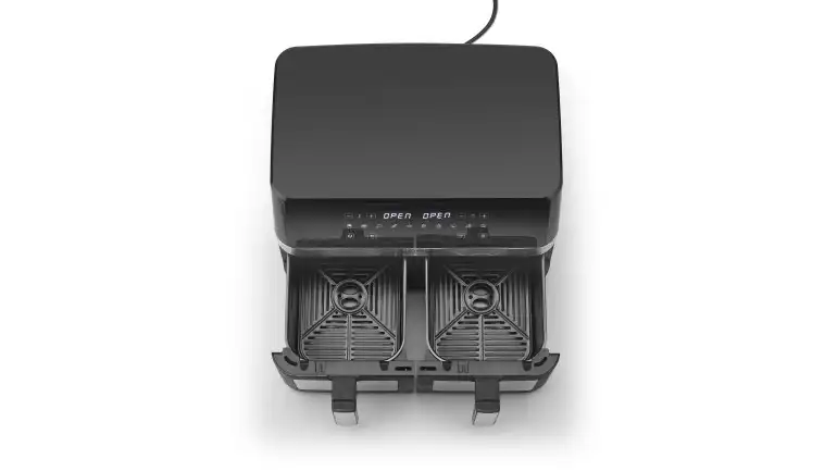 CASO AirFry DuoChef - מבנה פנימי לשני תאי בישול מבט עליון פנימי של CASO AirFry DuoChef המציג זרימת אוויר בשני תאי הבישול