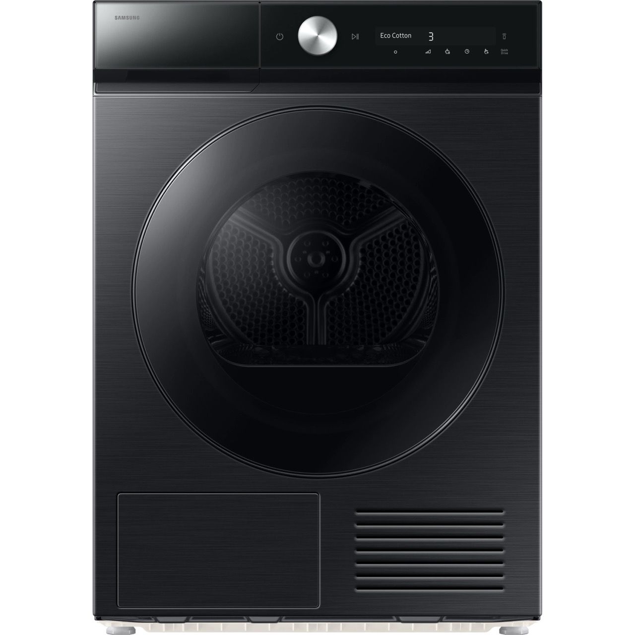 מייבש כביסה Samsung Bespoke DV90DB8845GB בצבע שחור עם דלת זכוכית מחוסמת.