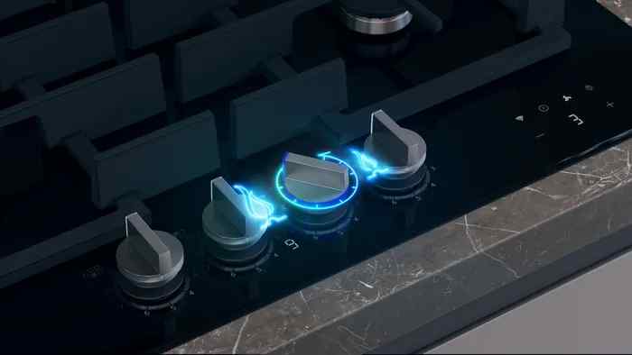מבט ממעל על כיריים Siemens EP7A6QI40Y המדגיש את מבנה 5 המבערים כיריים גז Siemens EP7A6QI40Y במבט על המציגות את משטח הזכוכית השחור