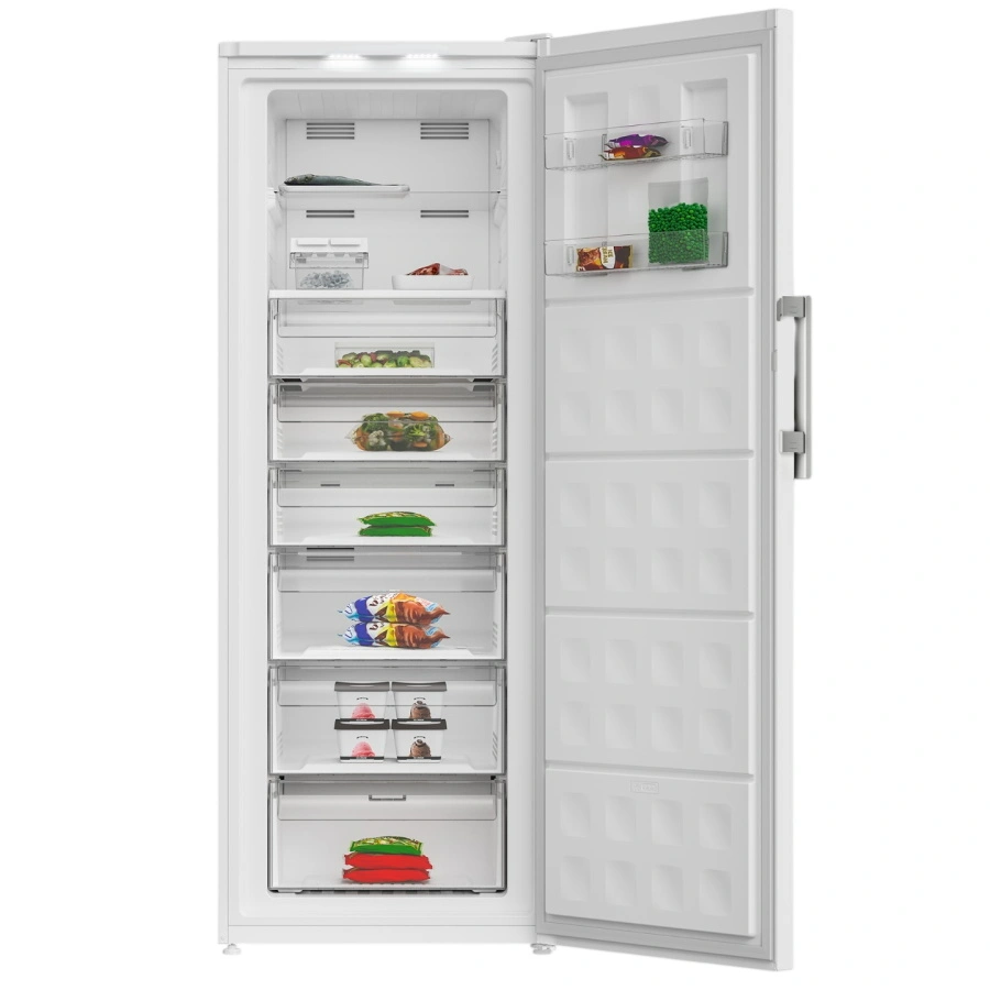 Blomberg FNT7008W פתוח – 3 מדפים ו־5 מגירות אחסון החלל הפנימי של מקפיא Blomberg FNT7008W פתוח עם שלושה מדפי אחסון וחמש מגירות שקופות למזון קפוא