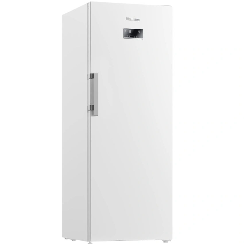 Blomberg FNT7008W – מבט אלכסוני על המקפיא הלבן מקפיא Blomberg FNT7008W לבן במבט אלכסוני המציג את דלת המקפיא, ידית הוואקום והצג הדיגיטלי