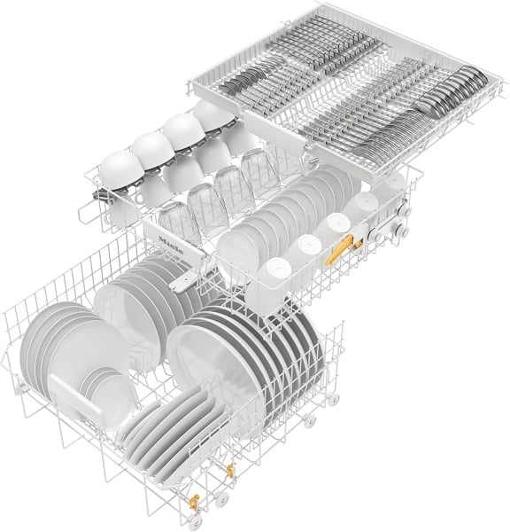 מבנה פנימי במדיח Miele G5150 SCVi - מגירת סכו״ם וסלסלות Comfort סלסלות Comfort ומגירת סכו״ם עליונה במדיח Miele G5150 SCVi