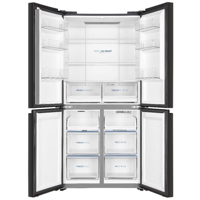 מקרר Haier HRF4560FB פתוח המציג ארבע דלתות וחלוקה פנימית