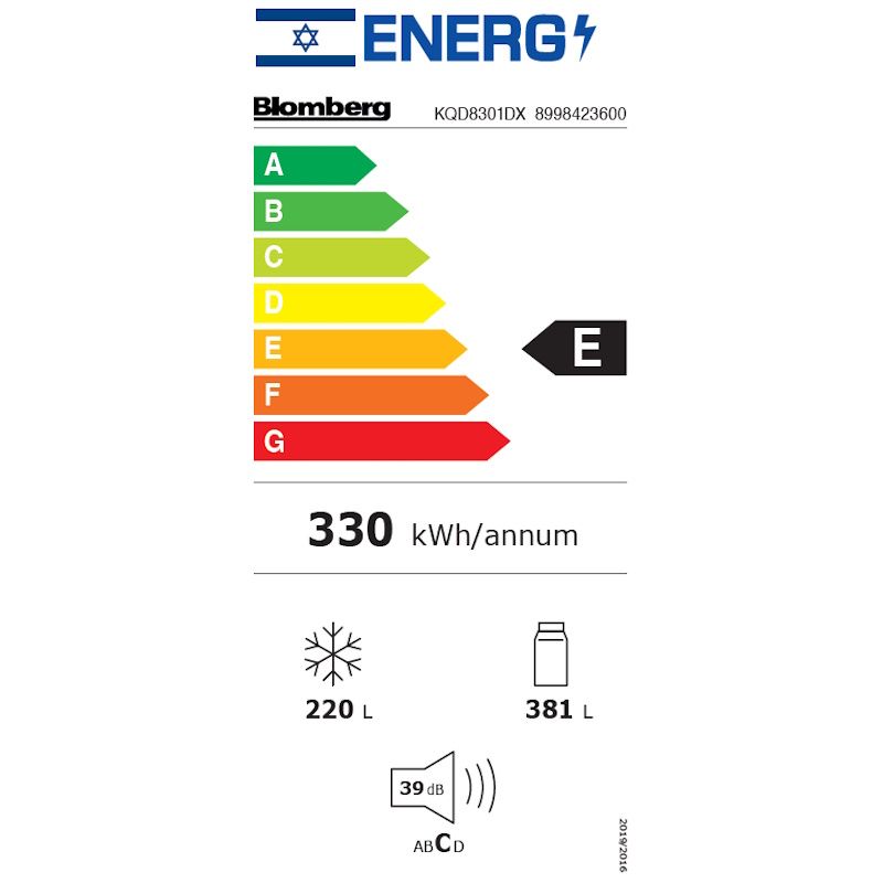 Blomberg KQD8301DX דירוג אנרגטי E תווית דירוג אנרגטי E למקרר Blomberg KQD8301DX