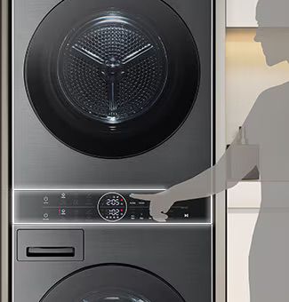 LG WT40 – WashTower קומפקטי ומעוצב LG WT40 WashTower – יחידה קומפקטית למכונת כביסה ומייבש בצבע שחור יוקרתי