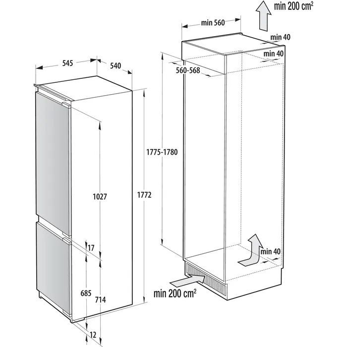Gorenje NRKI517E42 תרשים מידות תרשים מידות Gorenje NRKI517E42 להתקנת מקרר אינטגרלי