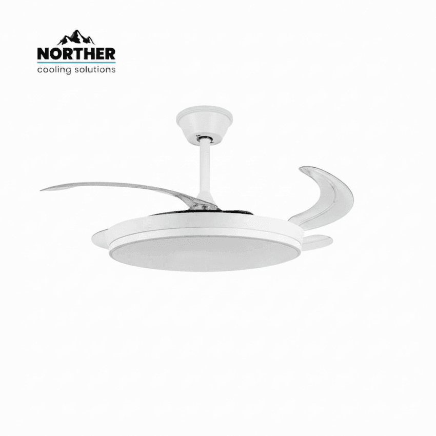 NORTHER DAISY NT-DAI42-W-L מאוורר תקרה לבן כנפיים מתקפלות מאוורר תקרה NORTHER DAISY NT-DAI42-W-L לבן עם כנפיים שקופות מתקפלות ותאורת LED CCT