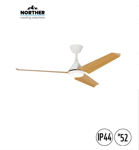 מאוורר תקרה NORTHER TANGO 52 דגם NTP-TNGIP44-WHWD-LED לפרגולה IP44 עם LED ושלט מאוורר תקרה לפרגולה NORTHER TANGO 52 דגם NTP-TNGIP44-WHWD-LED לבן עם כנפיים עץ בהיר