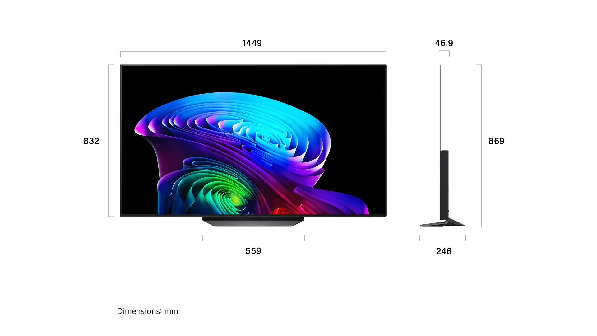 מידות LG OLED65CS6VA תרשים מידות טלוויזיה LG OLED65CS6VA רוחב גובה עומק כולל מעמד