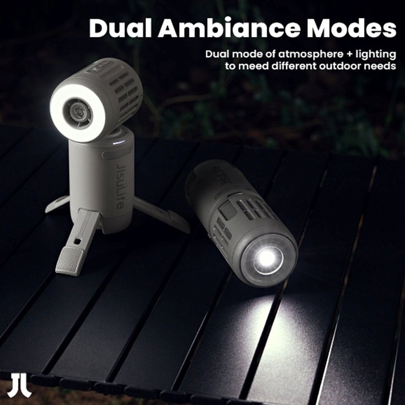 JISULIFE OUTDOOR ULTRA1 - מאוורר שטח עוצמתי נייד לקמפינג וטיולים, סוללה 13,500mAh ותאורת שטח מאוורר שטח JISULIFE OUTDOOR ULTRA1 תלוי על תרמיל ומשמש לקמפינג וטיולים בשטח