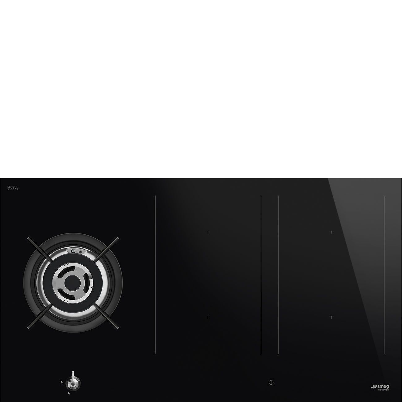SMEG PM3953D – כיריים היברידיות 90 ס״מ מסדרת Classica כיריים היברידיות שחורות SMEG PM3953D ברוחב 90 ס״מ עם ארבעה אזורי אינדוקציה ומבער גז
