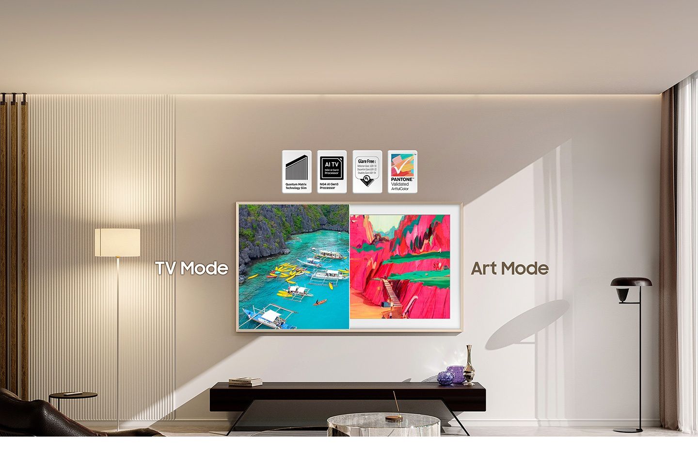 הטלוויזיה Samsung The Frame Pro QE65LS03F מותקנת על קיר בסלון מודרני