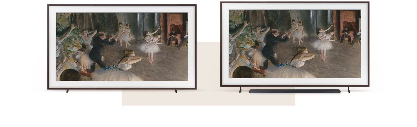 מבט אווירה של טלוויזיה Samsung The Frame Pro QE65LS03F בחדר מגורים מואר