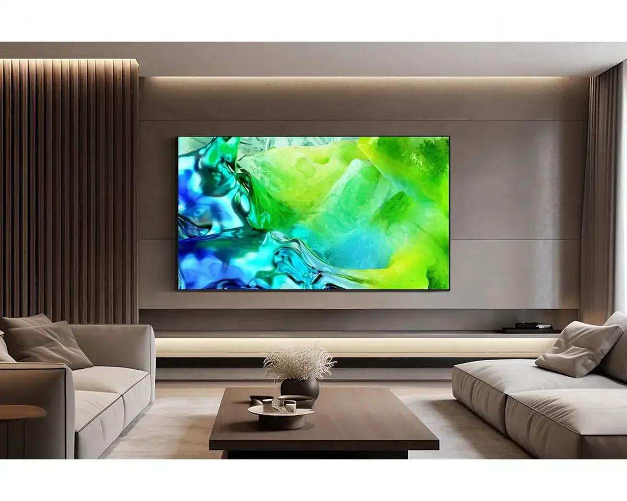 Samsung QE85QN80H ‏85 אינץ׳ Neo QLED QN80H 4K Vision AI – טלוויזיית Neo QLED תלויה על הקיר בסלון מודרני