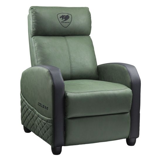 ספת גיימינג COUGAR RANGER ELITE Army Green במבט פרונטלי יוקרתי המציג את ריפוד עור ה-PVC בגוון ירוק צבאי ושלדת פלדה