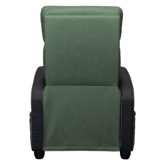 מבט צד מלא על ספת הגיימינג RANGER ELITE Army Green במצב הטיה מקסימלי עם רגלית פתוחה