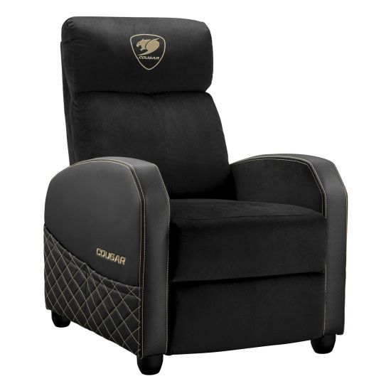 ספת גיימינג COUGAR RANGER ELITE GOLD במבט פרונטלי יוקרתי המציג את ריפוד עור ה-PVC המוזהב ושלדת הפלדה היציבה