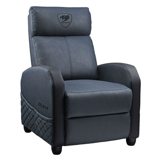 ספת גיימינג COUGAR RANGER ELITE Navy Blue במבט פרונטלי יוקרתי המציג את ריפוד עור ה-PVC הכחול עמוק ושלדת הפלדה