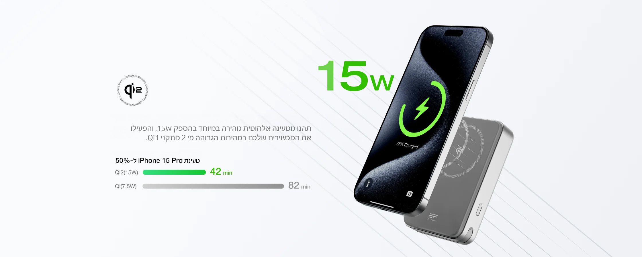 EcoFlow RAPID מוצמד מגנטית לאייפון לטעינה אלחוטית בתקן Qi2