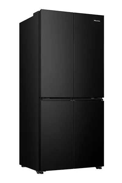 מקרר Hisense RQ58B מזווית צד, מדגיש את גימור הנירוסטה המושחרת והמבנה המודרני