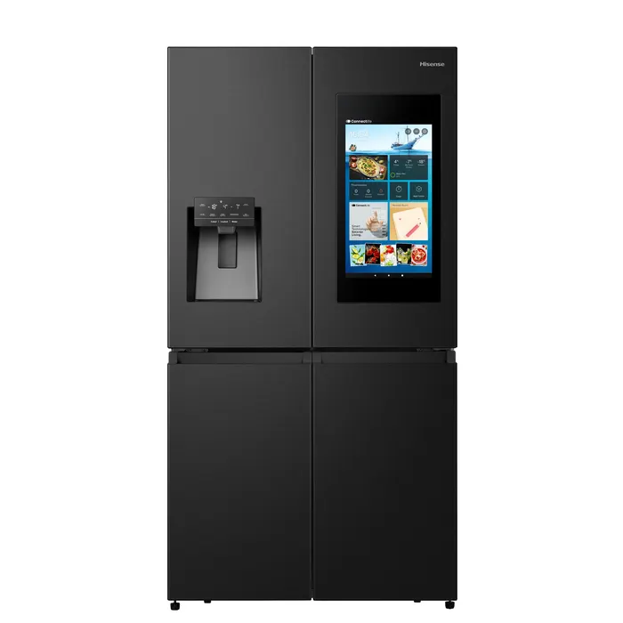 Hisense RQ760N4IFE - מקרר ארבע דלתות פרימיום 577 ליטר עם מסך טאצ׳ 21 אינץ מקרר 4 דלתות Hisense RQ760N4IFE שחור עם מסך טאצ׳ 21 אינץ ובר מים וקרח