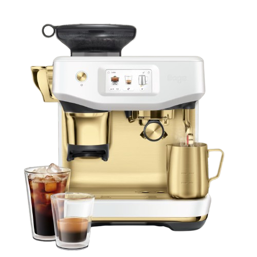 מכונת קפה Sage Barista Touch Impress SES882SSB בצבע לבן מלח ים עם גימורי פליז עם Cold Brew מכונת קפה Sage Barista Touch Impress SES882SSB בצבע לבן מלח ים עם גימורי פליז עם Cold Brew