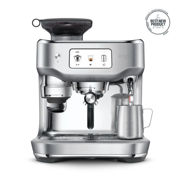 מכונת קפה מקצועית Sage the Oracle Dual Boiler SES995BSS בגימור נירוסטה מוברשת – מבט חזיתי עם קנקן חלב מכונת קפה מקצועית Sage the Oracle Dual Boiler SES995BSS בגימור נירוסטה מוברשת – מבט חזיתי עם קנקן חלב