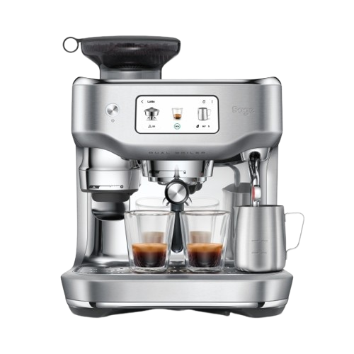מכונת קפה מקצועית Sage the Oracle Dual Boiler SES995BSS בגימור נירוסטה מוברשת – מבט חזיתי עם קנקן חלב מכונת קפה מקצועית Sage the Oracle Dual Boiler SES995BSS בגימור נירוסטה מוברשת – מבט חזיתי עם קנקן חלב