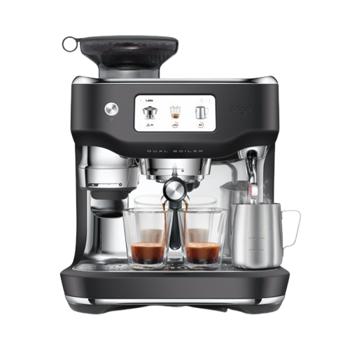 מכונת קפה מקצועית Sage the Oracle Dual Boiler SES995BTR בצבע שחור כמהין – מבט חזיתי עם שתי כוסות אספרסו וקנקן חלב מכונת קפה מקצועית Sage the Oracle Dual Boiler SES995BTR בצבע שחור כמהין – מבט חזיתי עם שתי כוסות אספרסו וקנקן חלב