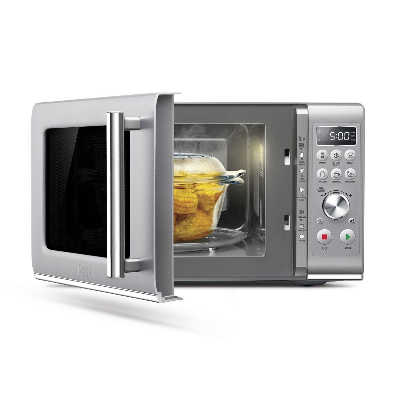SAGE SMO650SIL עם דלת פתוחה ותא פנימי בנפח 25 ליטר מיקרוגל SAGE SMO650SIL כסוף עם דלת פתוחה ולוח הפעלה דיגיטלי