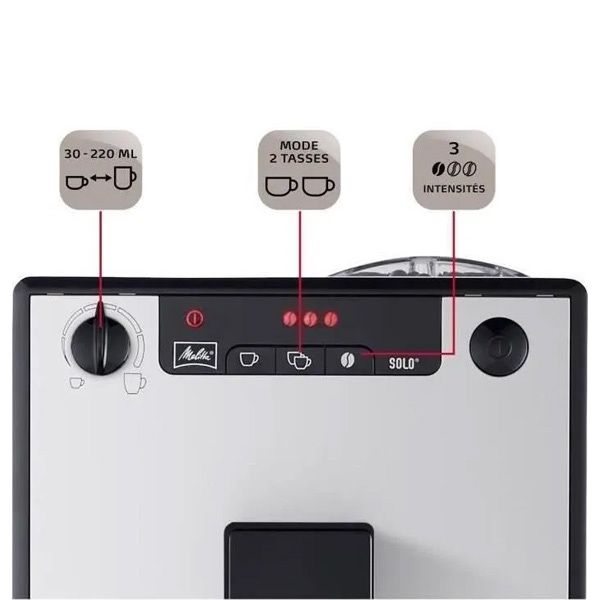 Melitta Solo Pure Silver – עיצוב צר וחסכוני במקום מכונת הקפה Melitta Solo Pure Silver על משטח עבודה, גוף צר 20 ס״מ