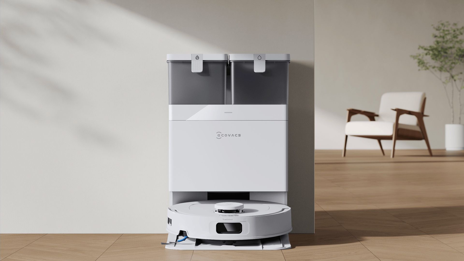 ECOVACS DEEBOT T30C Prime OMNI בבית מודרני עם תחנת OMNI