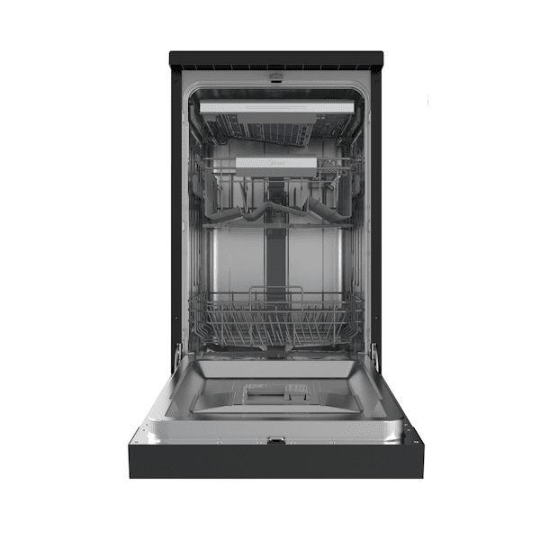 מדיח כלים צר Midea WQP8-W7634C-B במצב פתוח עם חלל פנימי וסלסלות