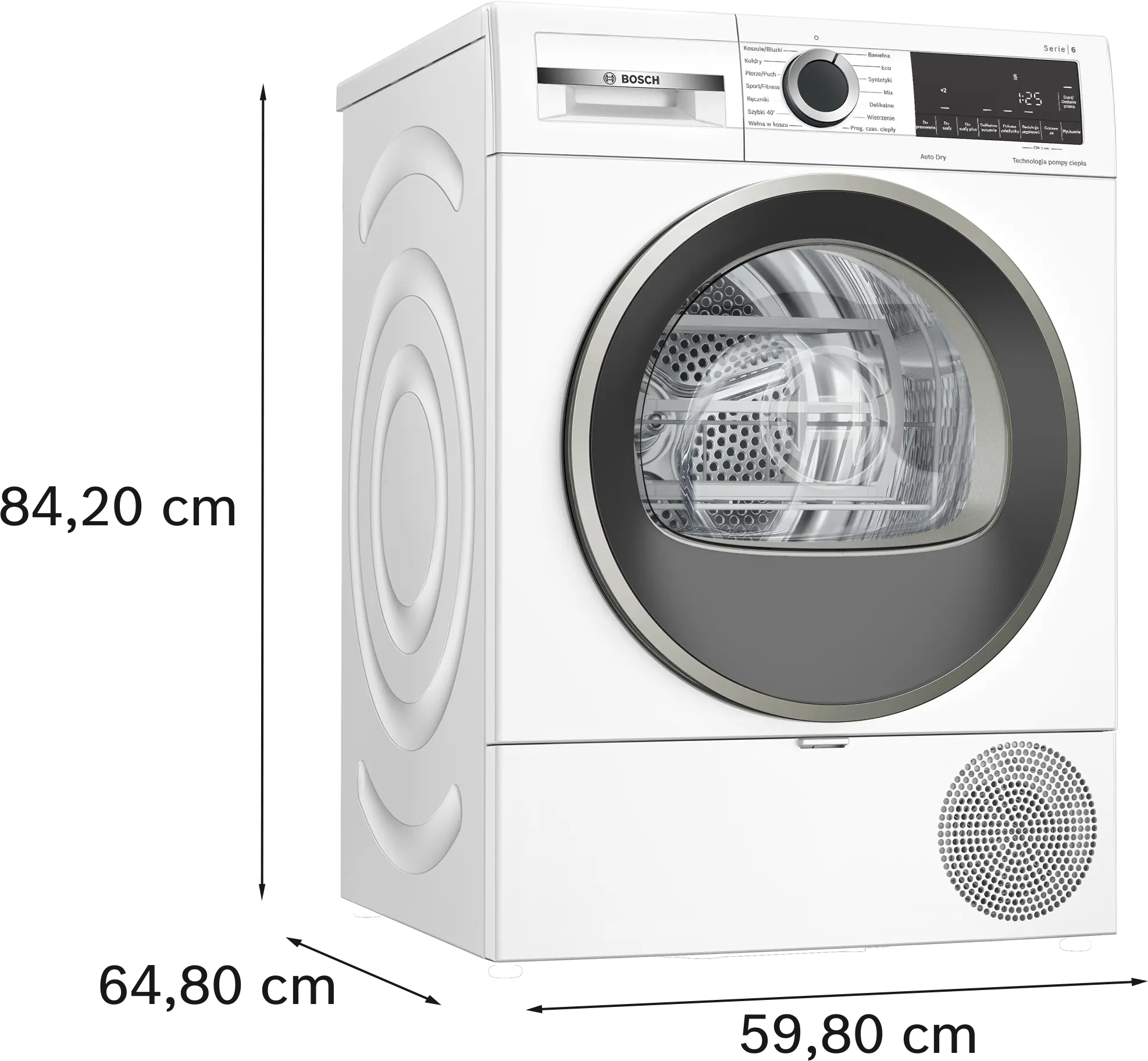 Bosch WQG1417EPL - המחשת מידות ומבנה המייבש תרשים מידות והמחשת מבנה מייבש Bosch WQG1417EPL