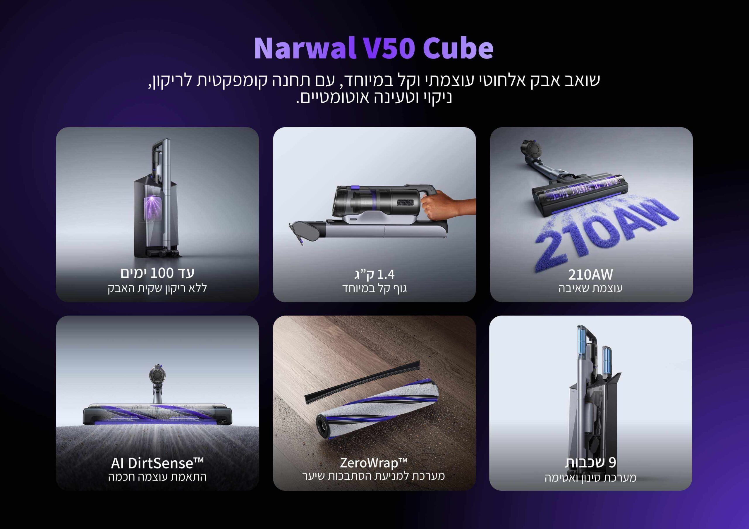 Narwal V50 Cube - היתרונות המרכזיים במבט אחד Narwal V50 Cube - מבט מהיר על עוצמת 210AW, משקל 1.4 ק״ג, ריקון עצמי עד 100 ימים, AI DirtSense, ZeroWrap וסינון 9 שכבות
