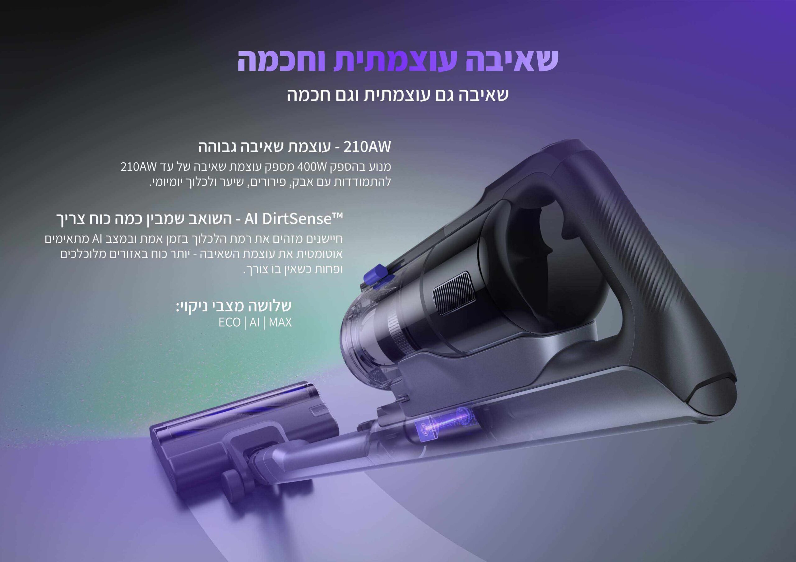 Narwal V50 Cube - שאיבה עוצמתית וחכמה 210AW Narwal V50 Cube - עוצמת שאיבה 210AW ממנוע 400W, AI DirtSense ושלושה מצבי ניקוי ECO AI MAX