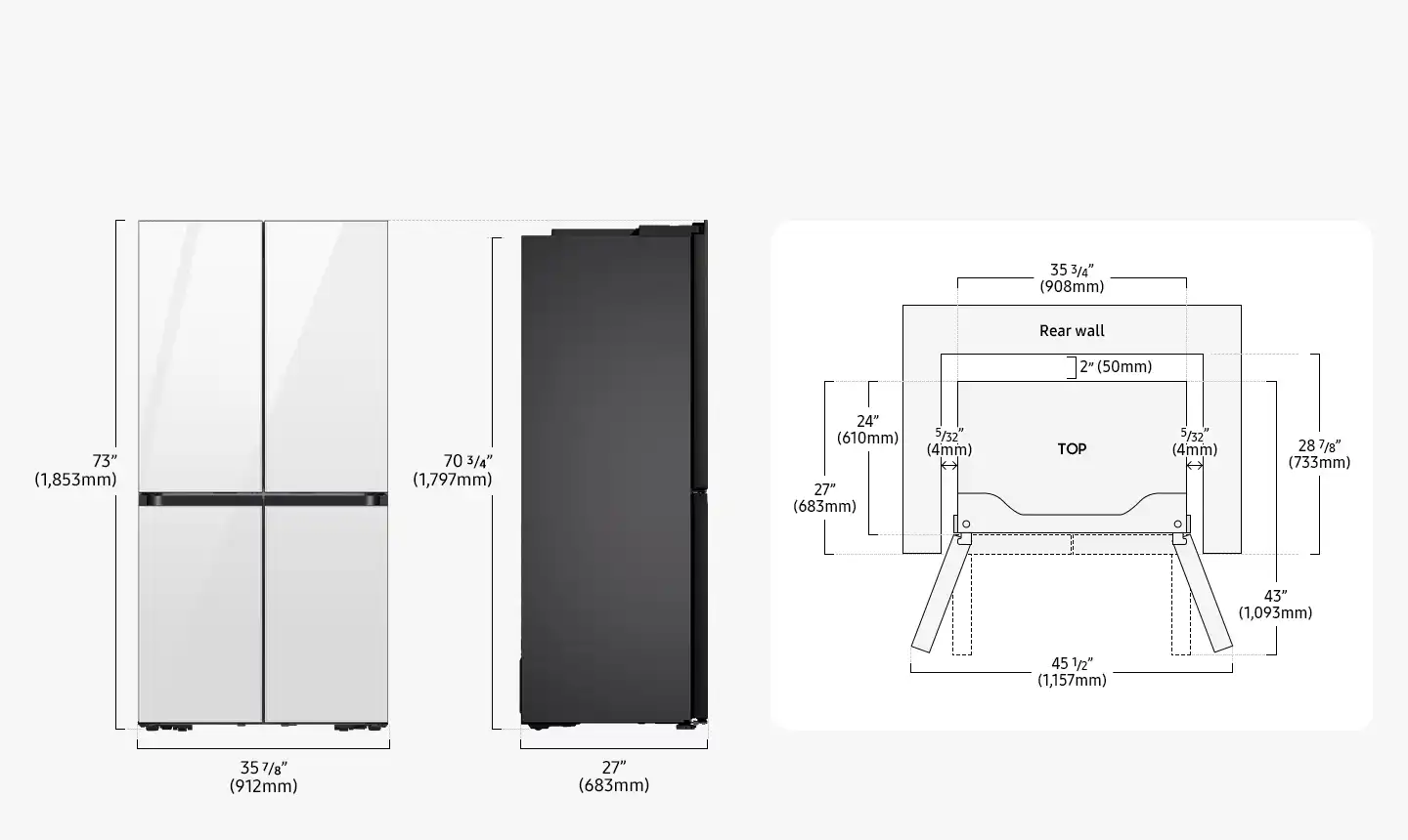תרשים מידות מקרר Samsung RM70F63REB