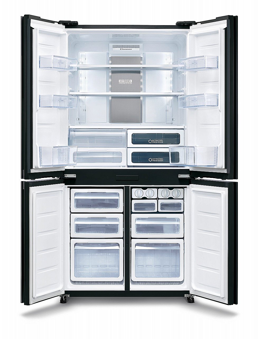 חלוקה פנימית SHARP SJ-9260W מקרר SHARP SJ-9260W במצב פתוח עם חלוקת תא הקירור והמקפיא