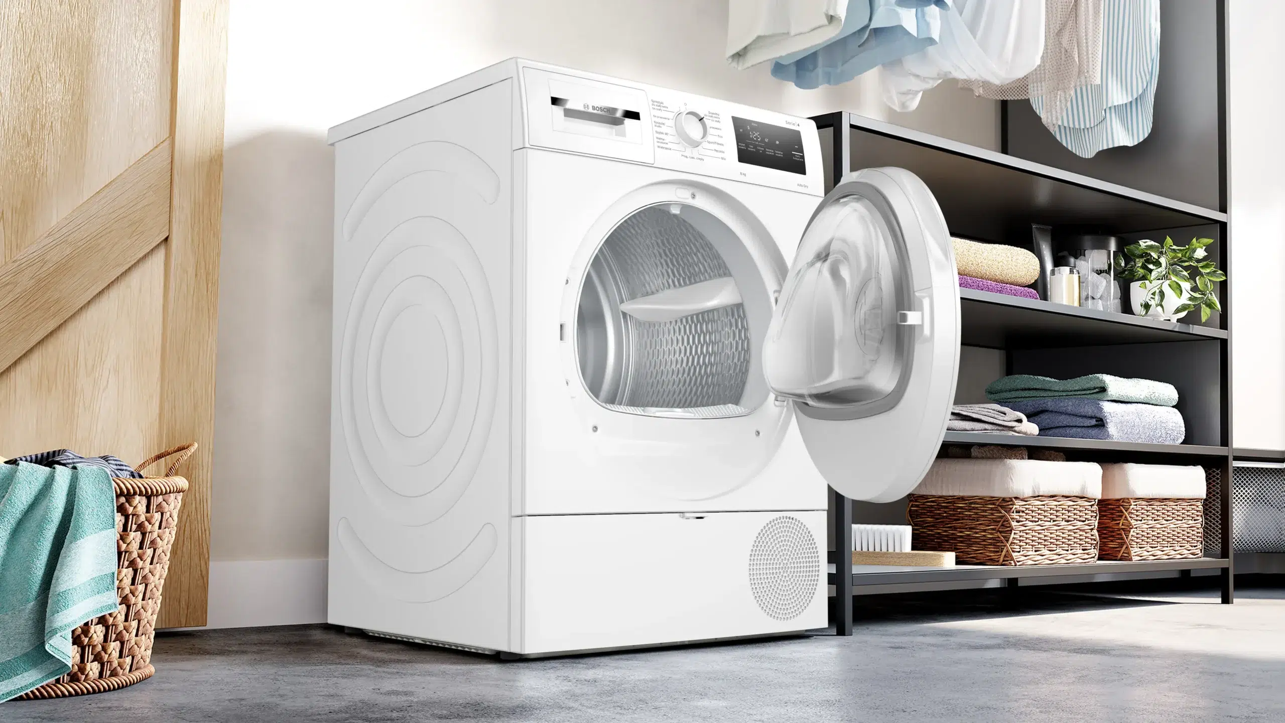 דלת פתוחה ותוף מייבש Bosch WTH83277PL