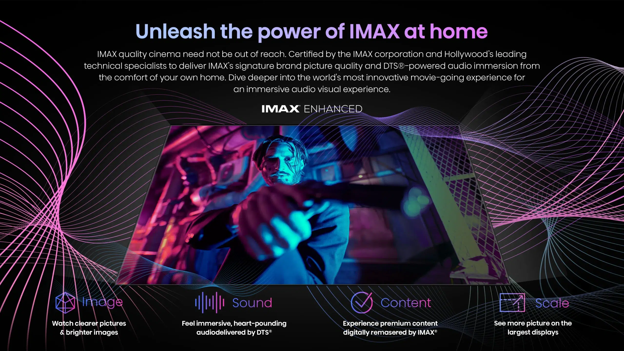 טלוויזיה חכמה HISENSE 100U7KQ Mini LED 4K - חוויית קולנוע ביתי משודרגת עם IMAX ENHANCED בתמונה זו רואים את טלוויזיית HISENSE 100U7KQ Mini LED 4K, התומכת בטכנולוגיית IMAX ENHANCED, המאפשרת לכם לחוות סרטים וסדרות טלוויזיה באיכות קולנועית בביתכם. IMAX ENHANCED היא טכנולוגיה ייחודית המאפשרת לכם ליהנות מהתמונה והסאונד באיכות הגבוהה ביותר כפי שהיוצרים התכוונו להם