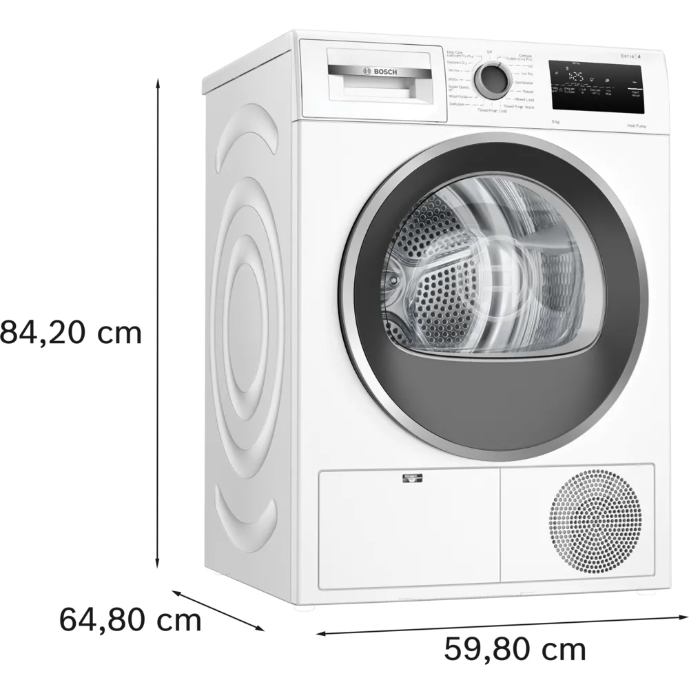 Bosch WTH85225 – מידות המייבש מידות מייבש כביסה Bosch WTH85225 רוחב 59.8 גובה 84.2 עומק 64.8 ס"מ