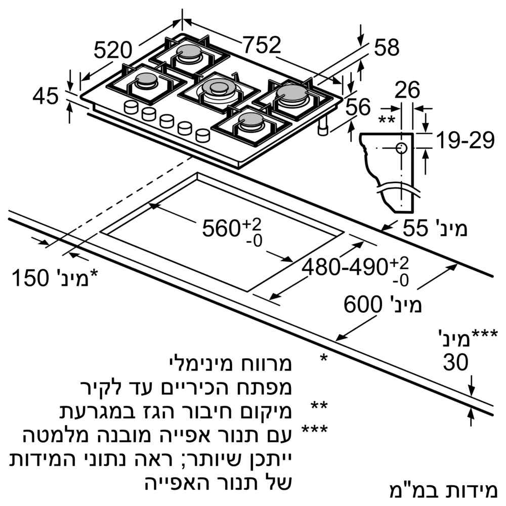 תרשים מידות מדויק לכיריים Siemens EP7A6QI40Y, חיוני לתכנון התקנה תרשים מידות טכניות של כיריים גז סימנס 75 ס