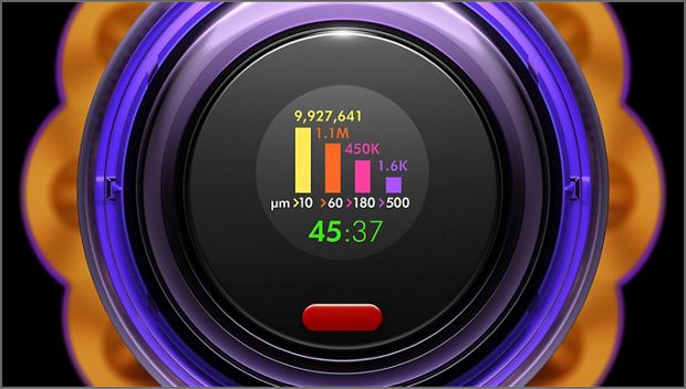 צג LCD של Dyson V12 Detect Slim מציג חלקיקי אבק שנאספו